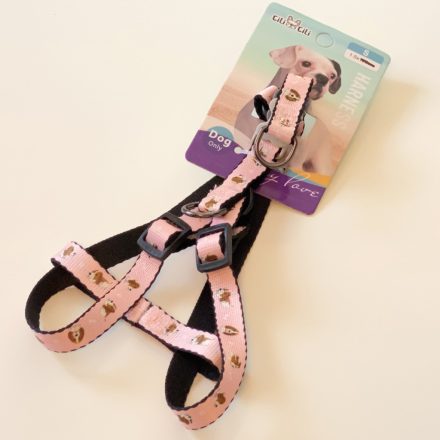Hám textil - szürke műanyag csont alakú csattal - S - 1,5cm x 30-45cm - rózsaszín, kutyákkal
