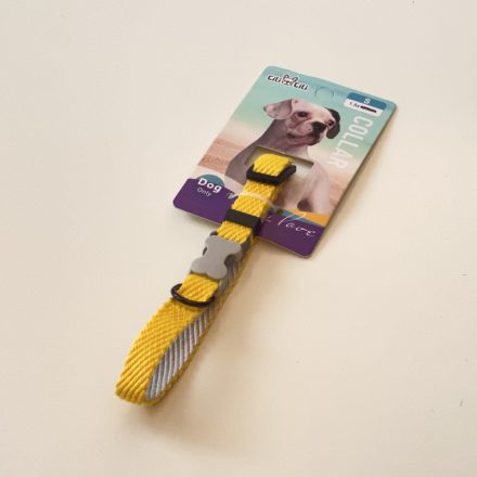 Nyakörv textil - anyagában bordázott - szürke műanyag csont alakú csattal - S - 1,5cm x 30-37cm - SÁRGA