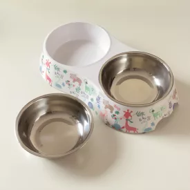   Masszív falú, fém betétes, DUPLA műanyag tál - 32x15cm 2x350ml - színes állatmintákkal