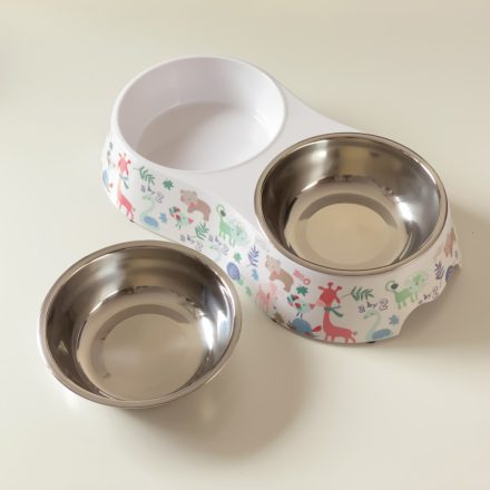 Masszív falú, fém betétes, DUPLA műanyag tál - 32x15cm 2x350ml - színes állatmintákkal