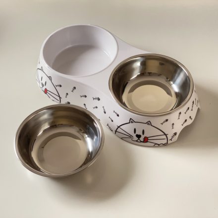 Masszív falú, fém betétes, DUPLA műanyag tál - 32x15cm 2x350ml - cicafejjel