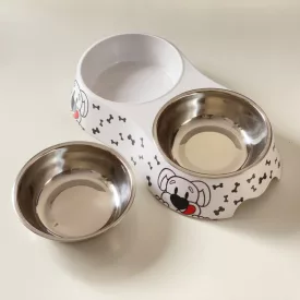   Masszív falú, fém betétes, DUPLA műanyag tál - 32x15cm 2x350ml - kutyafejjel