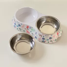   Masszív falú, fém betétes, DUPLA műanyag tál - 25x14cm 2x150ml - színes állatmintákkal