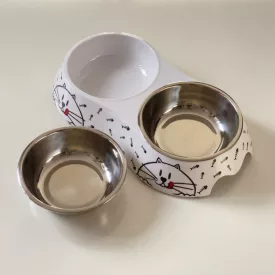   Masszív falú, fém betétes, DUPLA műanyag tál - 25x14cm 2x150ml - cicafejjel