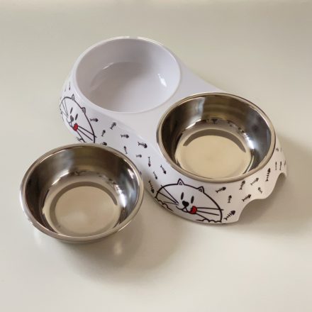 Masszív falú, fém betétes, DUPLA műanyag tál - 25x14cm 2x150ml - cicafejjel