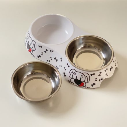 Masszív falú, fém betétes, DUPLA műanyag tál - 25x14cm 2x150ml - kutyafejjel