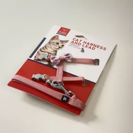   Macskahám szett, kockás masnival, csengettyűvel - RÓZSASZÍN